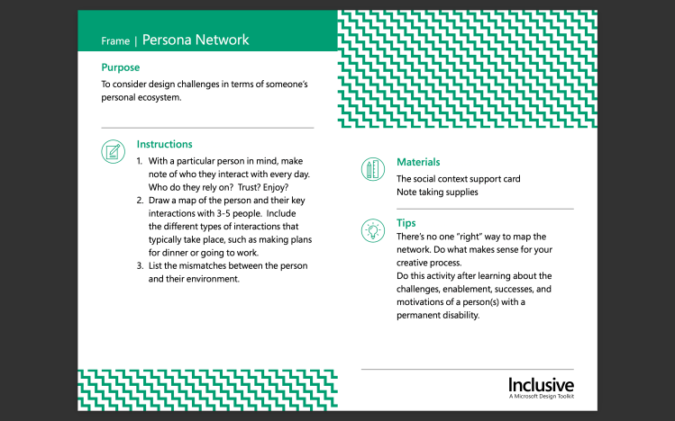 Here is an example of everything Microsoft outlines for the second phase (Frame) of the Inclusive Design methodology. 