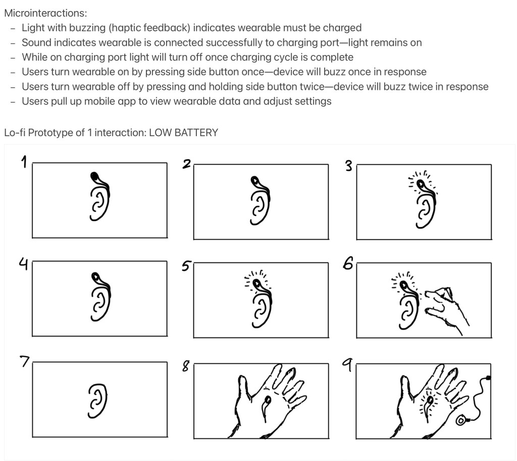 Tells you that I listed microinteractions of the color-fi wearable and then picked one to make a low-fi prototype of. The prototype shows a user wearing the device and then the device signaling through light and buzzing that it has a low battery. 