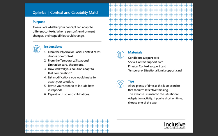 Here is an example of everything Microsoft outlines for the fifth (Optimize) phase of the Inclusive Design methodology. 