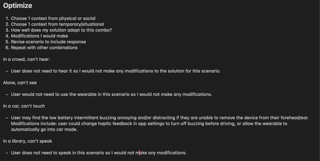 Tells you the various contexts I combined to test my solution in multiple scenarios. If it did adapt properly to the scenario, then I shared modifications I could make to my solution to fix this. I did this with 4 scenarios.